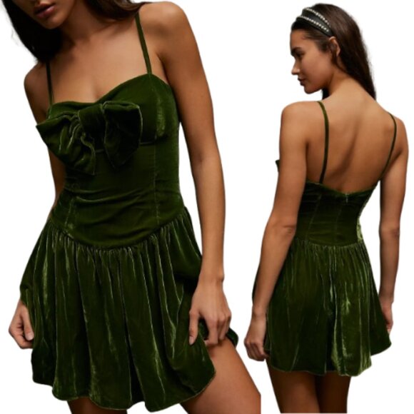 New! For Love and Lemons Martini Olive Green Velvet Mini Dress S 37972 - Picture 1 of 10